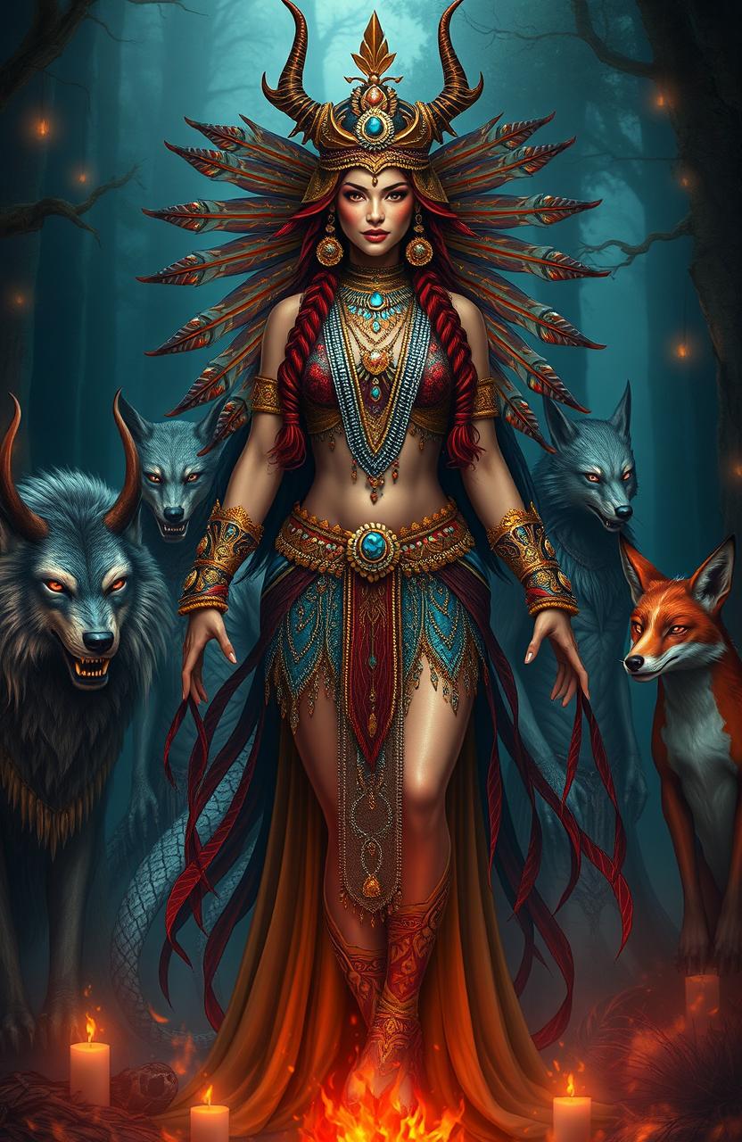 A striking portrayal of a demon Indian princess, radiating power and allure, standing majestically