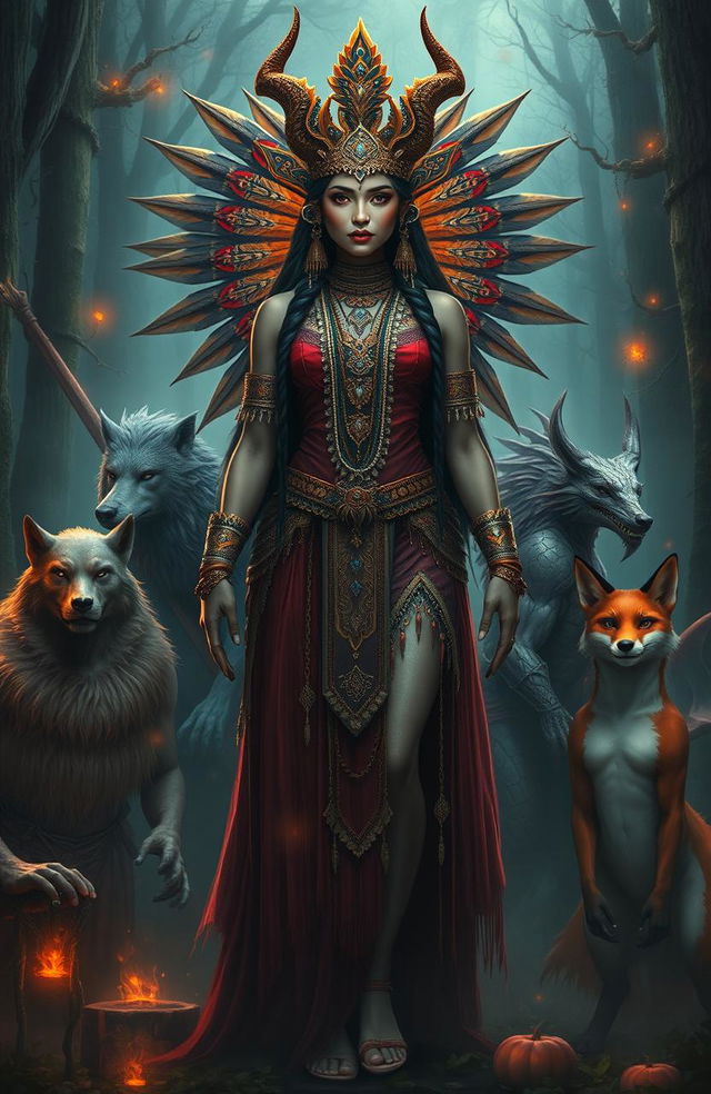 A striking portrayal of a demon Indian princess, radiating power and allure, standing majestically