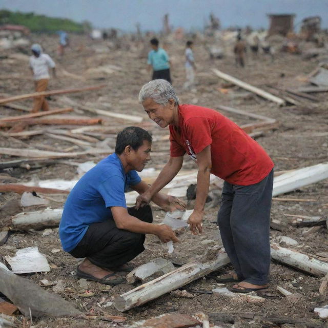 Modify the image to capture a touching moment where a local resident stumbles upon a survivor in the wreckage, signifying a beacon of hope amid the devastation left by the tsunami in Banda Aceh.