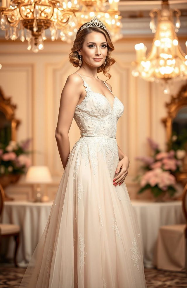 A stunning portrait of an elegantly dressed woman in a flowing evening gown, with intricate lace details and delicate beading, standing gracefully against a soft-focus backdrop of a lavish ballroom