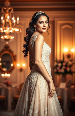 A stunning portrait of an elegantly dressed woman in a flowing evening gown, with intricate lace details and delicate beading, standing gracefully against a soft-focus backdrop of a lavish ballroom