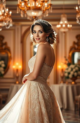 A stunning portrait of an elegantly dressed woman in a flowing evening gown, with intricate lace details and delicate beading, standing gracefully against a soft-focus backdrop of a lavish ballroom