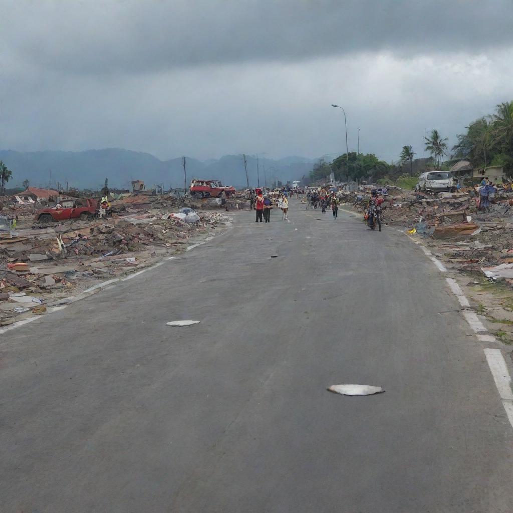 Amend the image to illustrate the stark and somber scenario where rescue teams come across a casualty amidst the ruins in the middle of the road, adding a somber note to the tsunami aftermath narrative in Banda Aceh.