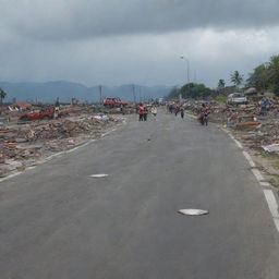 Amend the image to illustrate the stark and somber scenario where rescue teams come across a casualty amidst the ruins in the middle of the road, adding a somber note to the tsunami aftermath narrative in Banda Aceh.