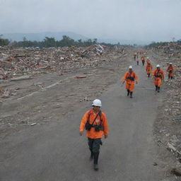 Amend the image to illustrate the stark and somber scenario where rescue teams come across a casualty amidst the ruins in the middle of the road, adding a somber note to the tsunami aftermath narrative in Banda Aceh.