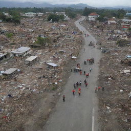 Amend the image to illustrate the stark and somber scenario where rescue teams come across a casualty amidst the ruins in the middle of the road, adding a somber note to the tsunami aftermath narrative in Banda Aceh.