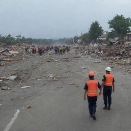 Amend the image to illustrate the stark and somber scenario where rescue teams come across a casualty amidst the ruins in the middle of the road, adding a somber note to the tsunami aftermath narrative in Banda Aceh.