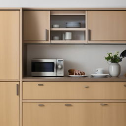 A contemporary kitchen setting showcasing a full set of crockery neatly arranged and a sleek microwave nestled within a dedicated cabinet.