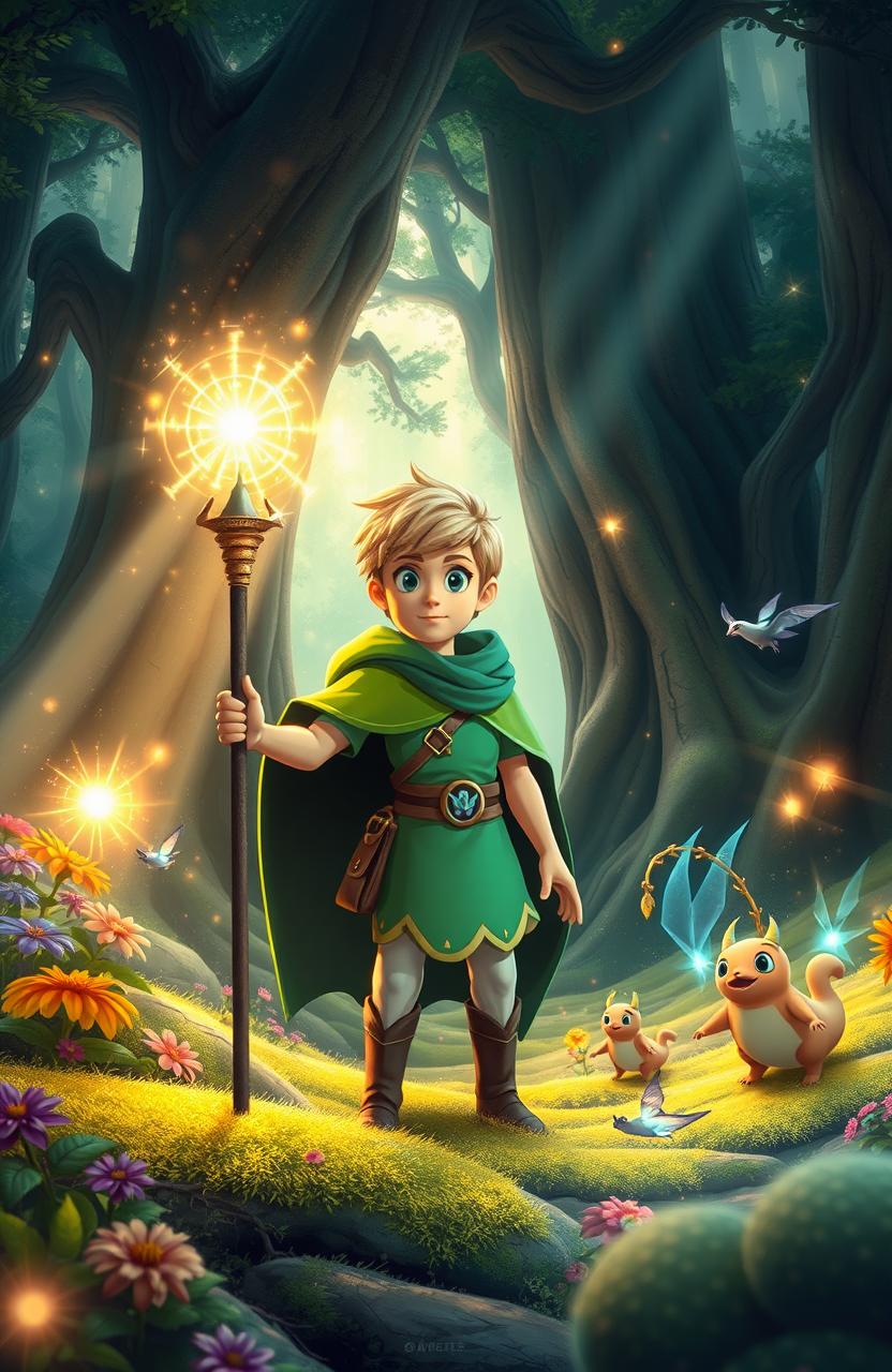 A magical adventure scene set in the Whispering Forest featuring a brave young boy named Finn