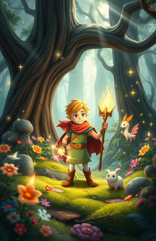 A magical adventure scene set in the Whispering Forest featuring a brave young boy named Finn