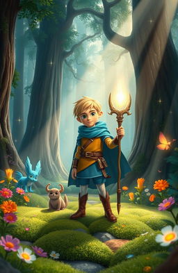 A magical adventure scene set in the Whispering Forest featuring a brave young boy named Finn