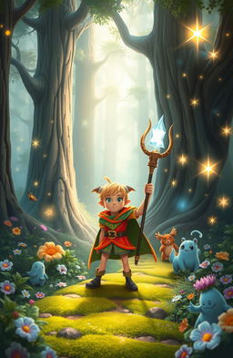 A magical adventure scene set in the Whispering Forest featuring a brave young boy named Finn
