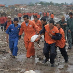 Update the image to include a poignant scene where the rescue team gently carries the body of a tsunami victim, a stark contrast highlighting humanity amidst chaos and destruction in Banda Aceh.