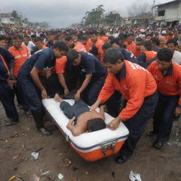 Update the image to include a poignant scene where the rescue team gently carries the body of a tsunami victim, a stark contrast highlighting humanity amidst chaos and destruction in Banda Aceh.