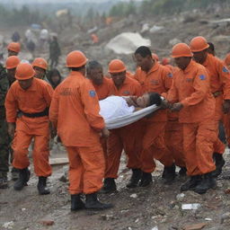 Update the image to include a poignant scene where the rescue team gently carries the body of a tsunami victim, a stark contrast highlighting humanity amidst chaos and destruction in Banda Aceh.