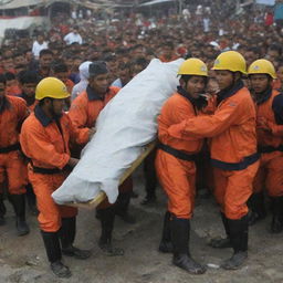 Update the image to include a poignant scene where the rescue team gently carries the body of a tsunami victim, a stark contrast highlighting humanity amidst chaos and destruction in Banda Aceh.