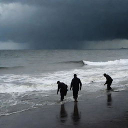 Revise the image to capture the melancholic scene where the rescue team stumbles upon a casualty along the shore, their silhouette against the backdrop of a stormy sea depicting the final chapter of the tsunami's aftermath in Banda Aceh.