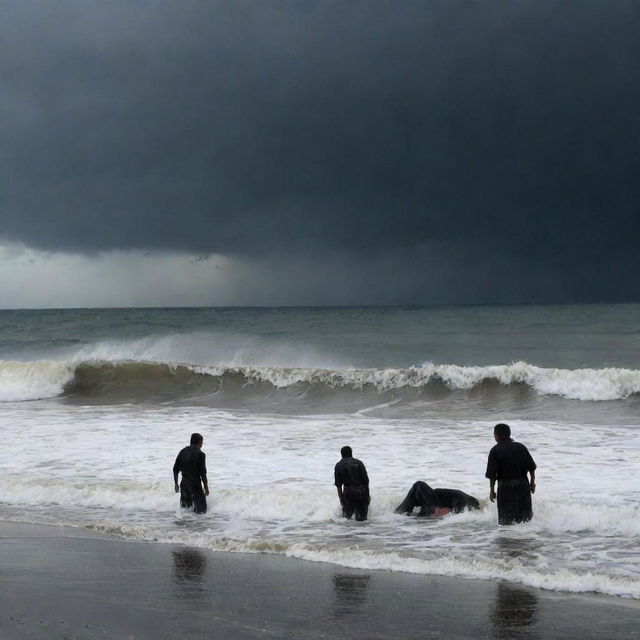 Revise the image to capture the melancholic scene where the rescue team stumbles upon a casualty along the shore, their silhouette against the backdrop of a stormy sea depicting the final chapter of the tsunami's aftermath in Banda Aceh.