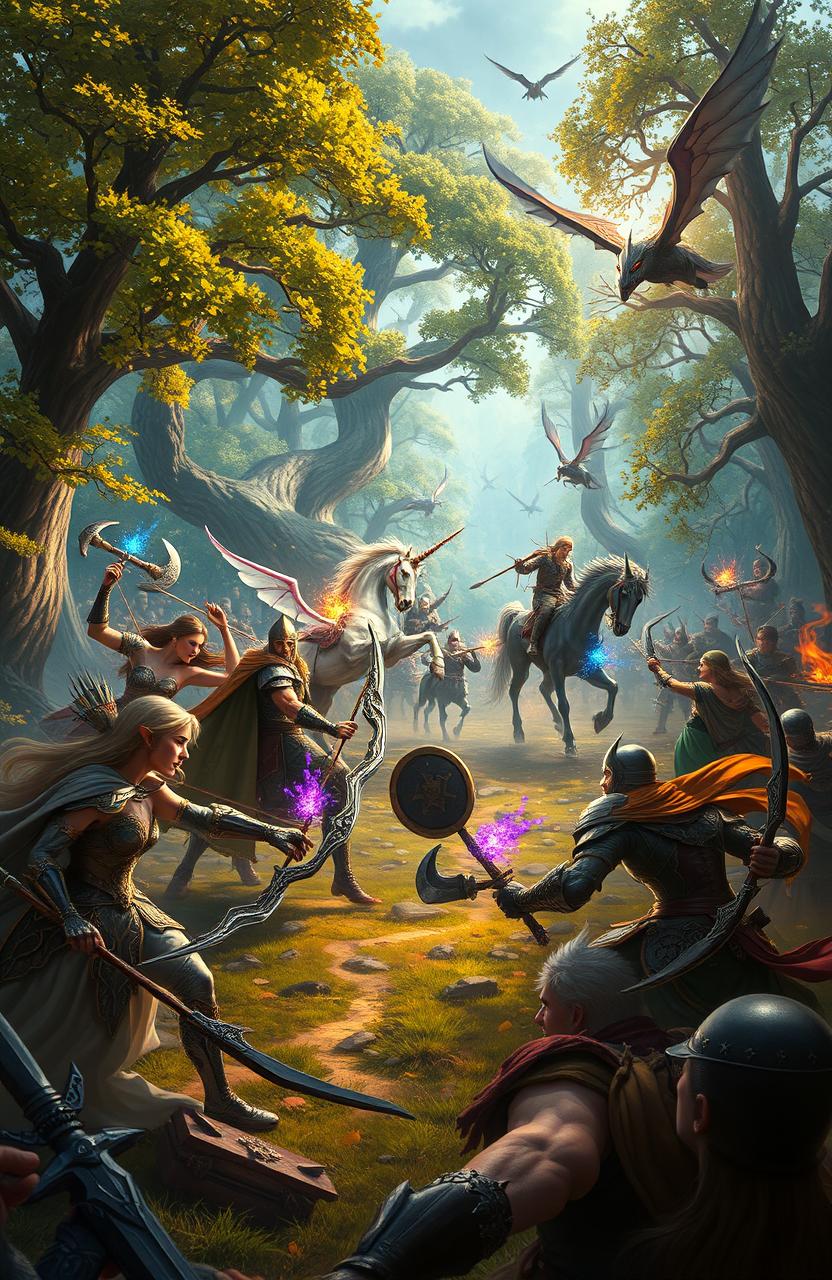 A grand fantasy battle scene taking place in an enchanted forest, featuring fierce warriors from different races such as elves, dwarves, and humans