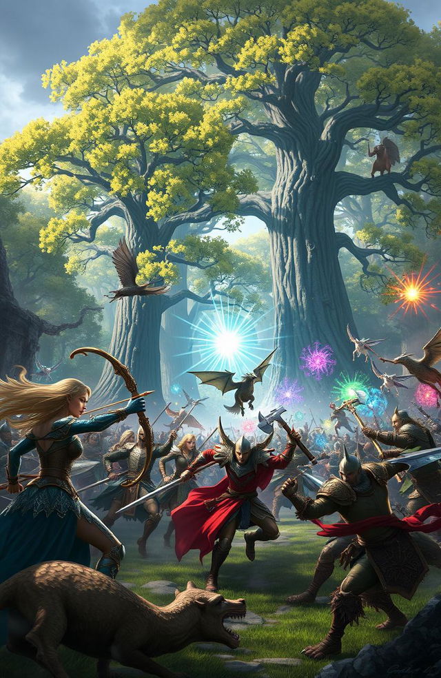 A grand fantasy battle scene taking place in an enchanted forest, featuring fierce warriors from different races such as elves, dwarves, and humans