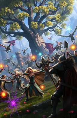 A grand fantasy battle scene taking place in an enchanted forest, featuring fierce warriors from different races such as elves, dwarves, and humans