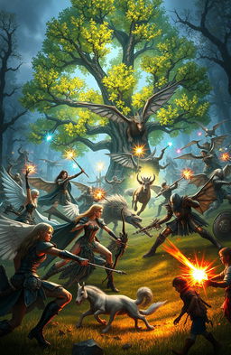 A grand fantasy battle scene taking place in an enchanted forest, featuring fierce warriors from different races such as elves, dwarves, and humans