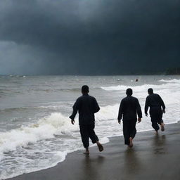 Revise the image to capture the melancholic scene where the rescue team stumbles upon a casualty along the shore, their silhouette against the backdrop of a stormy sea depicting the final chapter of the tsunami's aftermath in Banda Aceh.