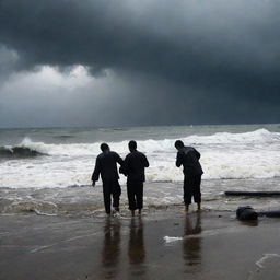 Revise the image to capture the melancholic scene where the rescue team stumbles upon a casualty along the shore, their silhouette against the backdrop of a stormy sea depicting the final chapter of the tsunami's aftermath in Banda Aceh.