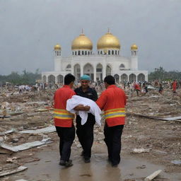 Modify the image to encapsulate a poignant moment, where rescue workers are carrying a casualty of the tsunami towards a surviving mosque, symbolizing a place of hope and solace amongst the widespread destruction in Banda Aceh.