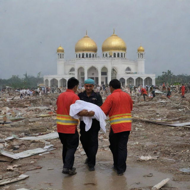 Modify the image to encapsulate a poignant moment, where rescue workers are carrying a casualty of the tsunami towards a surviving mosque, symbolizing a place of hope and solace amongst the widespread destruction in Banda Aceh.