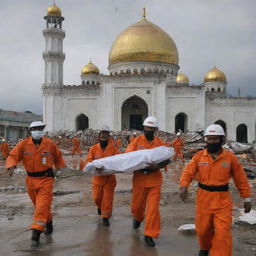 Modify the image to encapsulate a poignant moment, where rescue workers are carrying a casualty of the tsunami towards a surviving mosque, symbolizing a place of hope and solace amongst the widespread destruction in Banda Aceh.