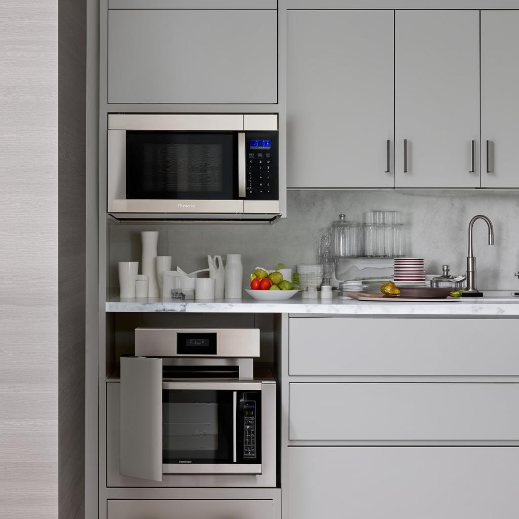 A contemporary kitchen setting showcasing a full set of crockery neatly arranged and a sleek microwave nestled within a dedicated cabinet.