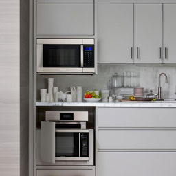 A contemporary kitchen setting showcasing a full set of crockery neatly arranged and a sleek microwave nestled within a dedicated cabinet.