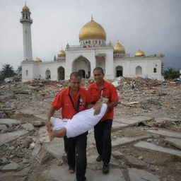 Modify the image to encapsulate a poignant moment, where rescue workers are carrying a casualty of the tsunami towards a surviving mosque, symbolizing a place of hope and solace amongst the widespread destruction in Banda Aceh.