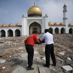 Modify the image to encapsulate a poignant moment, where rescue workers are carrying a casualty of the tsunami towards a surviving mosque, symbolizing a place of hope and solace amongst the widespread destruction in Banda Aceh.