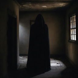 A spine-chilling figure cloaked in shadows stands eerily in an ancient, decrepit house, under dim lighting that casts ominous shadows.