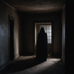 A spine-chilling figure cloaked in shadows stands eerily in an ancient, decrepit house, under dim lighting that casts ominous shadows.