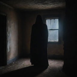 A spine-chilling figure cloaked in shadows stands eerily in an ancient, decrepit house, under dim lighting that casts ominous shadows.