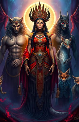 A stunning Indian princess with demonic features, adorned in intricate ceremonial attire that blends traditional Indian elements with dark fantasy motifs