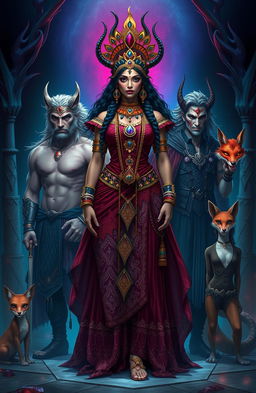A stunning Indian princess with demonic features, adorned in intricate ceremonial attire that blends traditional Indian elements with dark fantasy motifs