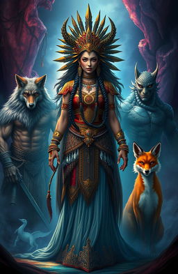 A stunning Indian princess with demonic features, adorned in intricate ceremonial attire that blends traditional Indian elements with dark fantasy motifs