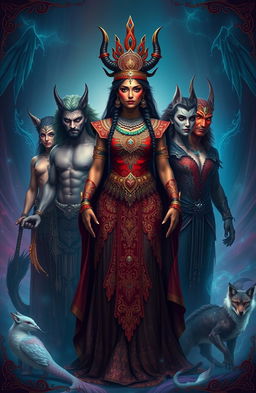 A stunning Indian princess with demonic features, adorned in intricate ceremonial attire that blends traditional Indian elements with dark fantasy motifs