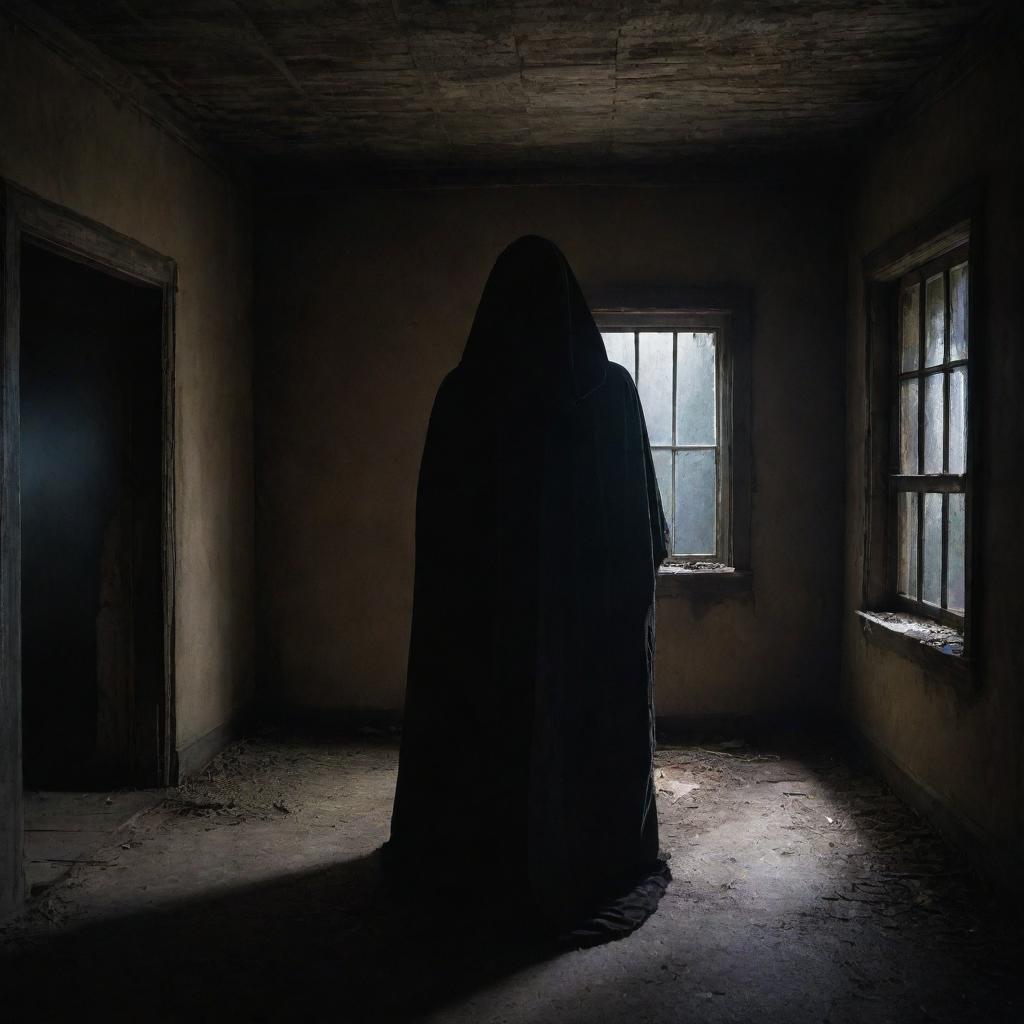 A spine-chilling figure cloaked in shadows stands eerily in an ancient, decrepit house, under dim lighting that casts ominous shadows.