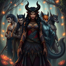A striking Indian princess with demonic features, featuring dark alluring skin, sharp horns, and mystical tattoos