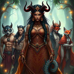 A striking Indian princess with demonic features, featuring dark alluring skin, sharp horns, and mystical tattoos
