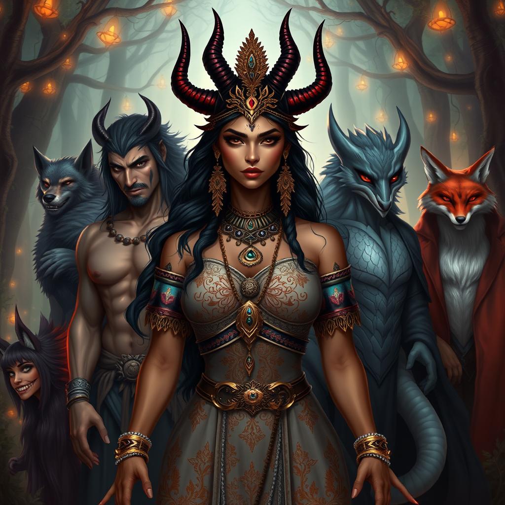 A striking Indian princess with demonic features, featuring dark alluring skin, sharp horns, and mystical tattoos