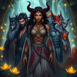 A striking Indian princess with demonic features, featuring dark alluring skin, sharp horns, and mystical tattoos