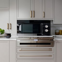 A contemporary kitchen setting showcasing a full set of crockery neatly arranged and a sleek microwave nestled within a dedicated cabinet.