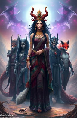 A striking image of a demon Indian princess, elegantly adorned in traditional attire, portraying her powerful heritage