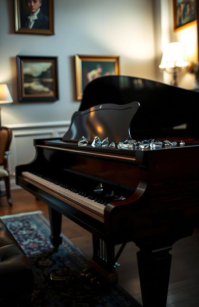 A beautiful baby grand piano with polished wood finish, elegantly placed in a softly lit room